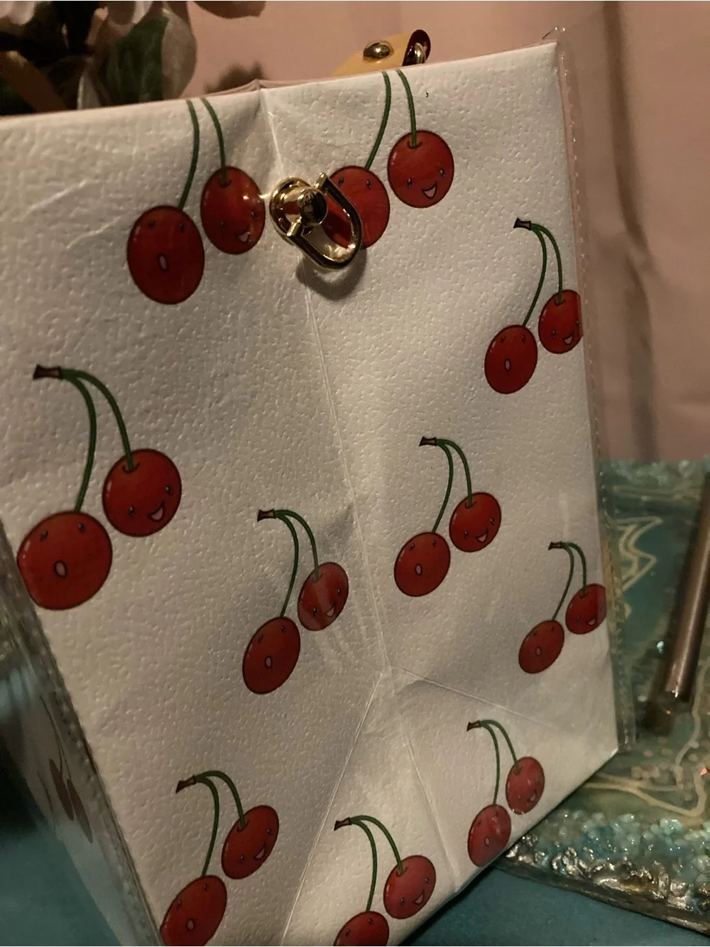 Louis Vuitton White Cherry-Print Top Handle Tote with Tan Handles - Picture 2 of 3